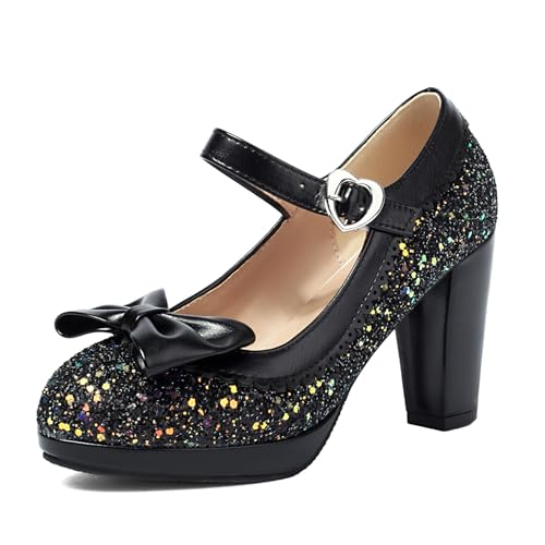 Gicoiz Women Block High Heels Platform Glitter Mary Jane Bow Shoes