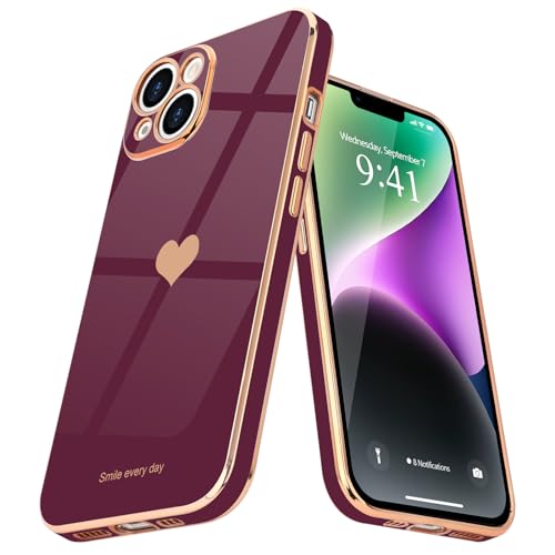 Teageo for iPhone 14 Case for Women Girl Cute Love Heart Luxury Electroplate Plating Soft Bling Back Cover Raised Full Camera Protection Bumper Silicone Shockproof Phone Case for iPhone 14, Wine red