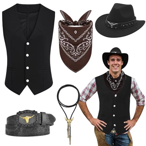 Saier tbo 5Pcs Western Cowboy Fancy Dress, Men’s Cowboy Outfits Set with Waistcoat Wide Brim Hat Belt Paisley Bandanna Bull Head Necklace Wild Western Accessories for Adult Cosplay