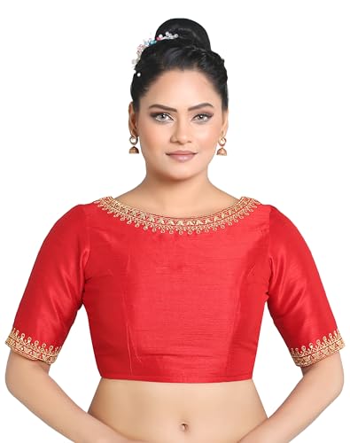 Madhu Fashion Women's Polyester Solid Pattern Embroidered Readymade Saree Blouse (Red; 40)