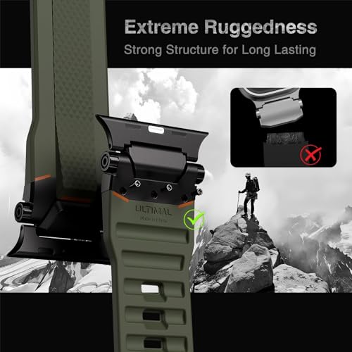 Image of ULTIMAL Rugged Band for Apple Watch Ultra 3 /2 /1 49mm, Series 11 /10 /9 /8 /7 /6 /5 /4 SE 46mm /45mm /44mm, Waterproof, Soft TPU Strap with Stainless Steel Buckle & Connectors, Sweat-Resistant, Easy to Clean, Fits 155-225mm Wrist (Black /green)