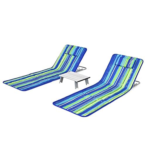 FANTASK Juego de 2 esterillas de Playa con Mesa Auxiliar, Almohada y Compartimento de Almacenamiento, con Respaldo Ajustable, Color Verde