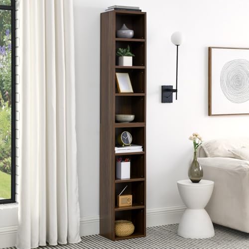 Curtainboro 8-Tier CD Storage Cabinet, Slim DVD Shelf Narrow Bookshelf, Disassembled CD DVD Media Tower Rack with Adjustable Shelves for Home Office 11.6l'' x 9.25w'' x 70.8h'' Walnut