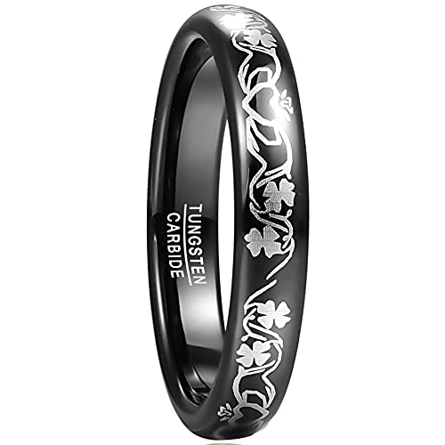 TUNGSTORY 4mm Bague Celtique Noire pour Hommes Laser Claddagh Four Leaf Clover Anneaux de Tungstène Bombé Poli Taille 54(17.2) Cover