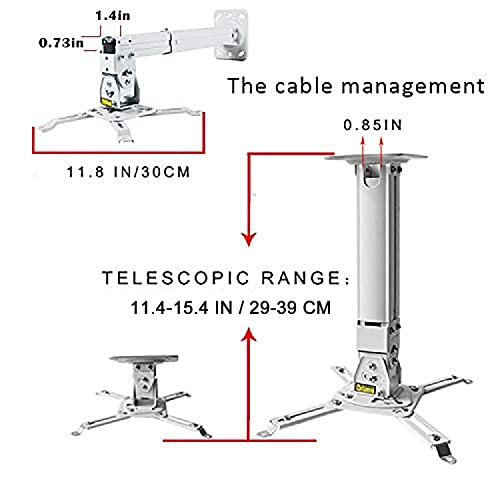 Heavy Duty Projector Mount, Strong Universal Projector Mount, Projector Ceiling Mount Max Load 45Lbs Extendable 11.4-15.3In /29-39 Cm Angle Adjustable White Projector Wall Mount Hanger Bracket #TOP4