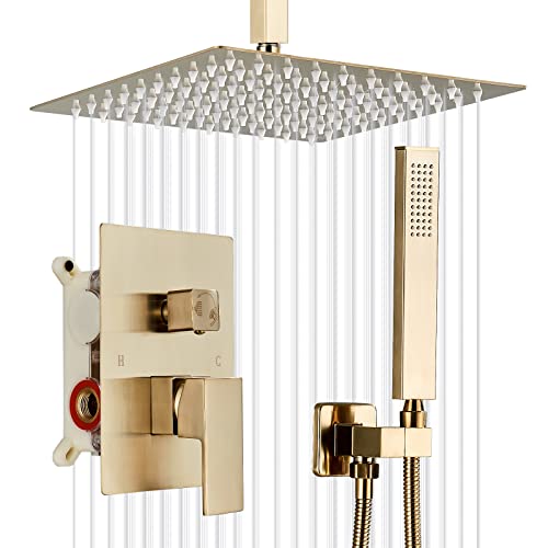 Shower Faucet Set Rain Shower System with 10 Inches Rain Shower Head and Handheld Spray, Bathroom Shower Fixtures Brushed Gold Shower Kit with Brass Valve,Ceiling Mounted