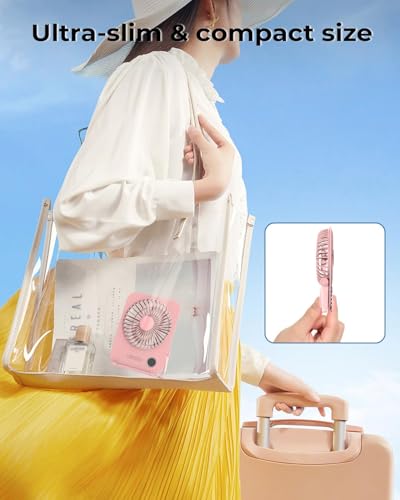 Image of ARCTICOOL Small Table Fan with LED Display, 2000mAh Battery Rechargeable Fan with 5 Speeds, 5.8 Inch Mini Desktop Fan with 180 Tilt Folding and Phone Stand for Home and Office (Light Pink)