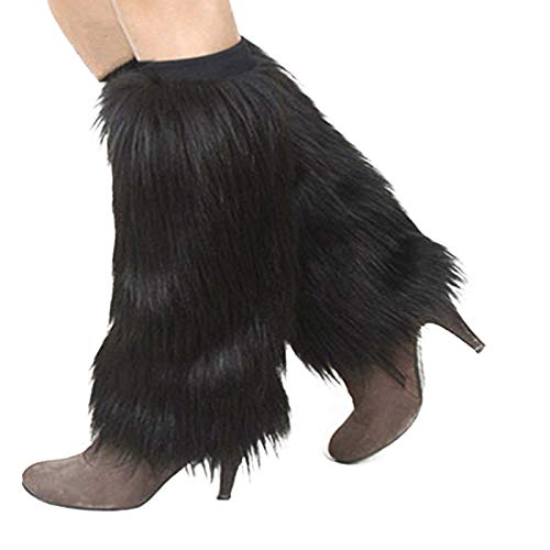 preliked Winter Fashion Women Boot Covers Furry Solid Color Faux Fur Soft Leg Warmers - Black 40cm