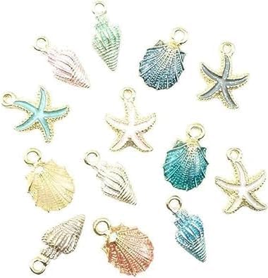 Clockjuan 13 Pcs Mixed Starfish Conch Sea Shell Pendants DIY Charms Sea Necklace Pendant for Women Jewelry Handmade Nautical Ocean Shell Enamel Craft Accessory and Creative Beading Jewelry Making