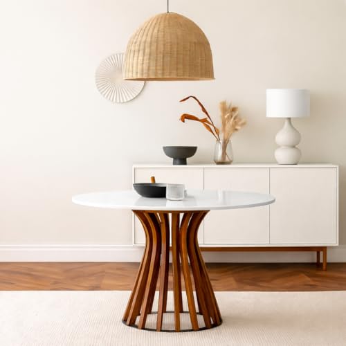 Image of Round Dining Table | Quartz White Marble Top with Natural Wood Finish | 4-Seater Modern Table for Dining Room - Chair not Included (Honey Finish)