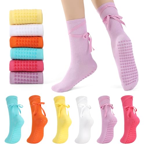 soxitoevy Pilates Socks with Grips for Women Cute Cross Strap Barre Socks 6 Pairs