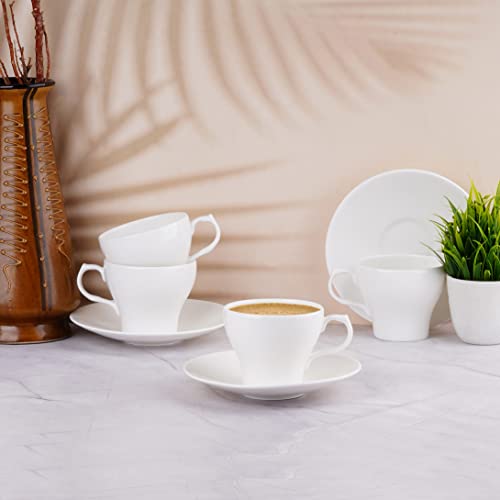 Image of Dandy Lines Liza White Tea Cups, Plain Solid, Luxury Tea Cup and Saucer Set, Ideal for Tea Time, Ceramic, Pack of 12, Microwave & Dishwasher Safe, Great for Hosting & Gifting