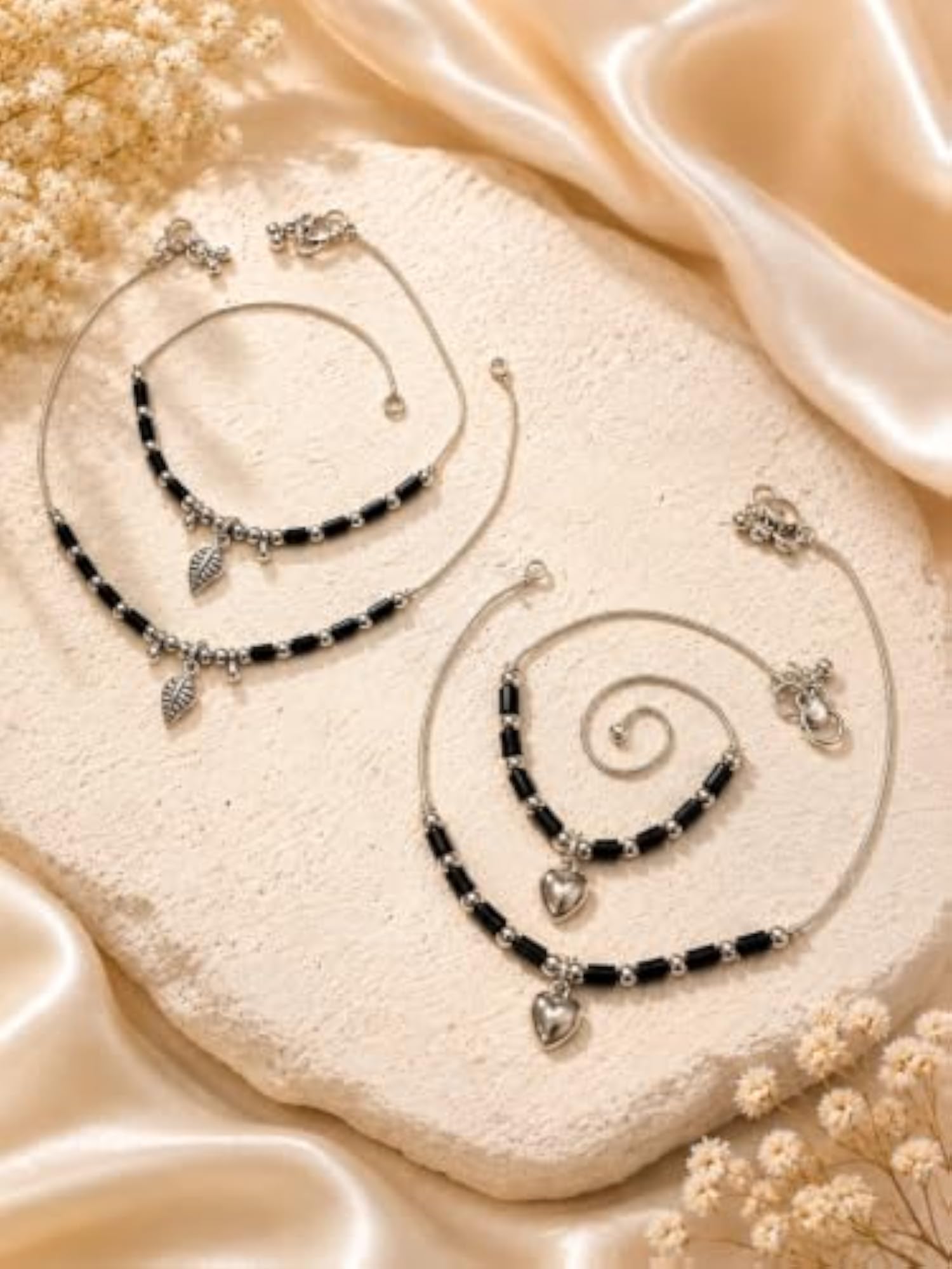 Women's Black Beaded Anklet with Leaf Charms