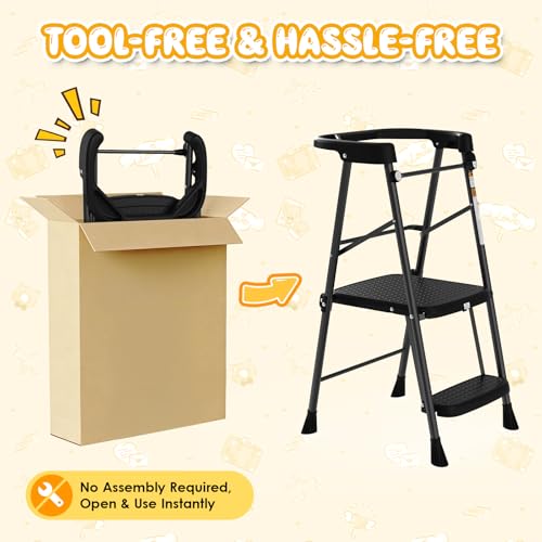 Image of HBTower Kids 2 Steps Step Stool,Toddler Tower for Kitchen Counter Learning,Toddler Kitchen Stool Helper with Anti-Drop Safty Railing Kids Standing Folding Stepper(Black)