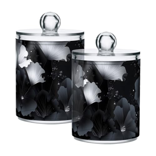 YMGQYJ 2 Pack Luxury Black Floral Qtip Cotton Ball Holders Dispenser with Lid, Plastic Jars Bathroom Canisters Storage Organizer