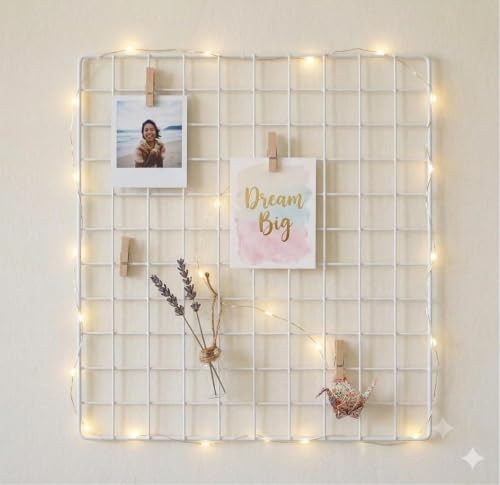 Image of Metal Wire Grid Photo Display Frame for Wall | 30 x 30 CM White Iron Mesh Memo Board | Wall Mounted Picture Organizer for Photos, Notes, Postcards, Artwork, Bedroom, Office & Home Decor
