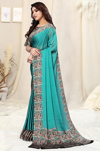 Image of MIRCHI FASHION Saree for Woman Chiffon Georgette Solid with Contrast Border | Lightweight Daily Wear Women's Sari and Printed Blouse Piece