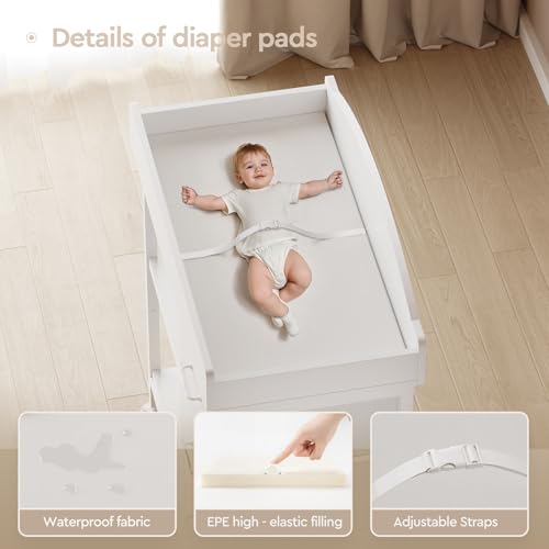 YeTom Changing Table Dresser, Baby Dresser with 3 Drawers and 2 Shelves, Multi-Functional Baby Changing Table with Pad, Classic Nursery Dresser, Diaper Changing Station for Children\'s Room, White