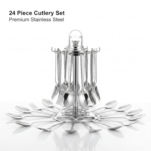 Image of Premium Stainless Steel Cutlery Set for Dining Table, 24 Pieces with Stand | Spoon & Fork Set Includes Dinner Spoons, Dinner Forks, Tea Spoons & Soup Spoons | Mirror Finish Flatware Set