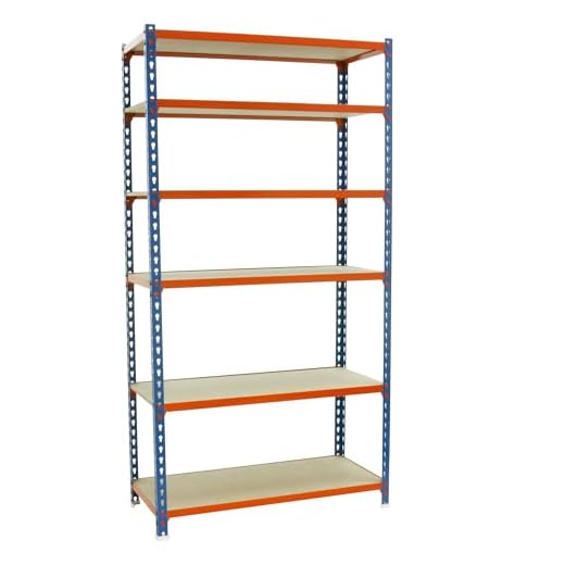 Simonrack Estanteria Metalica, 6 Baldas Madera Ajustables, 150 kg de Punto Flexión, 2500x800x500 mm, Estantería Almacenaje, Sin Tornillos, Azul/Naranja/Madera - Maderclick