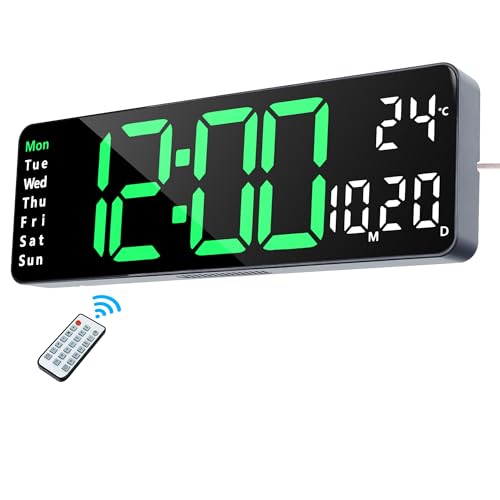 Lafocuse Reloj Digital Pared LED Grande 32cm, Silencioso Reloj Digital con Control Remoto, Temperatura, Fecha, 2 Alarmas, Brillo Ajustable, 12/24 Horas, para Salon Cocina Oficina,Verde