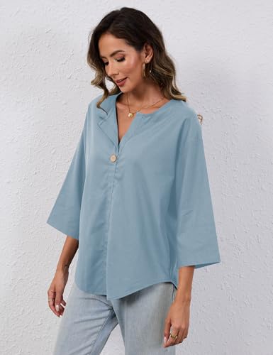 TERIVEEK Summer Linen Shirts for Women Button Down V Neck 3/4 Sleeve T-Shirt Blouse Casual Basic Tunic Tops Light Blue — view 6