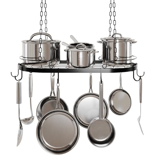 TICKCACY 24.4” Metal Pot Rack Hanging, Oval Pan Rack Hanging with Hooks, Heavy Duty Ceiling Pot Rack with Grid, Pot and Pan Hangers for Kitchen Cookware Utensils Toiletries, Easy Assembly, Black