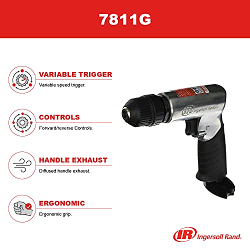 Ingersoll Rand 7811G Edge Series 3/8" Reversible Air Drill Keyless Chuck, 1700 Rpm, Variable Speed Trigger, Forward & Reverse Controls, Handle Exhaust, Comfortable Grip, Silver #TOP2