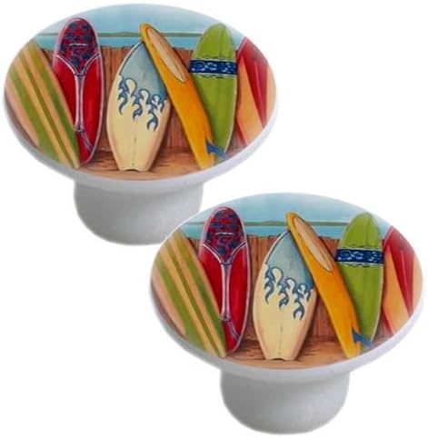 Set of 2 Surfboards Blue Flames Ceramic Cabinet Drawer Pull Knobs