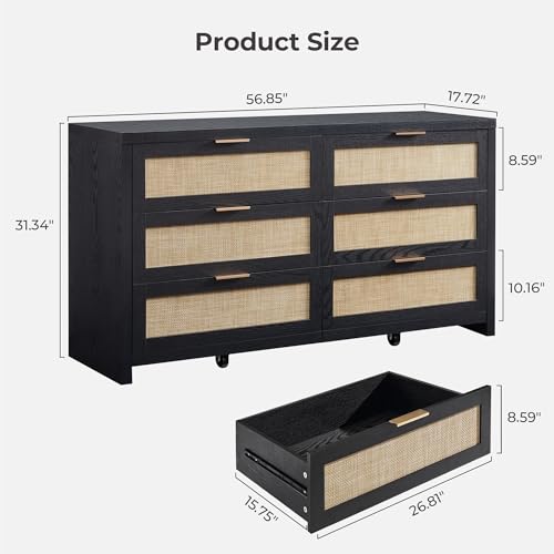 Image of SICOTAS Rattan Dresser for Bedroom, 57 inch Wide 6 Drawer Dresser with Ample Storage, Wooden Dressers Large Chest of Drawers, Closet, Boho TV Stand for Bedroom (Black Oak, 1 Piece)