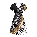 Youngerbaby Piano Keyboards Dress Women Beach Casual Music Notes Black Sundresses Midi Dress Loose Short Sleeve Summer V Neck Dresses Tunic Top Dress