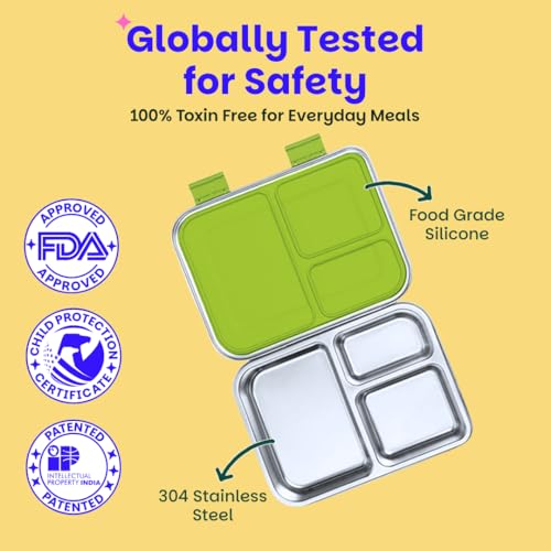 Image of Basil Bento Neo Classic 2025 - New & Improved, 1000ml 3-Compartment Stainless Steel Lunch Box for Adults, Teens & Kids | Leak-Proof & Easy to Open Tiffin for Office, School, College - Matcha
