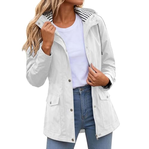 Image of Womens Hooded Raincoat Lightweight Fit Dressy Zip Up Rain Jacket Windbreaker With Pockets plus Size Trench Coat with Removable Liner (White, XL)
