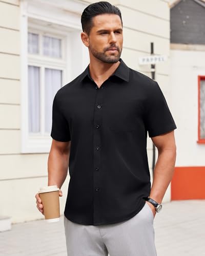 Alimens & Gentle Mens Short Sleeve Dress Shirt Wrinkle Free Solid Casual Button Down Shirts for Summer Business Wedding2