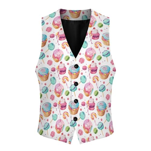Lollipop Candy Macaroon Cupcake Suit Vest for Men Slim Fit Tuxedo Waistcoat Button V Neck Business Coat3