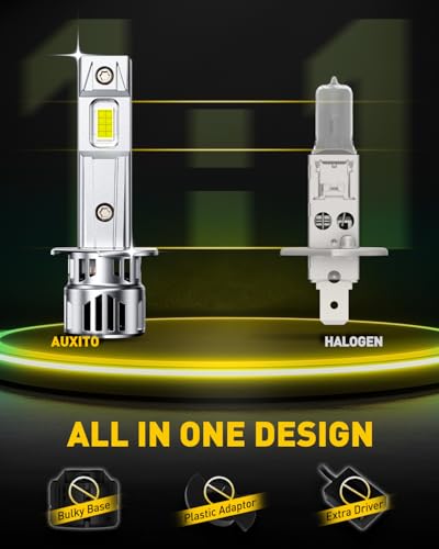 Image of AUXITO H1 Bulbs, 1500% Brighter 6500K White, 1:1 Mini Size No Adapter Needed, 3 Min Quick Install, No Flicker, 99% Compatibility, Pack of 2