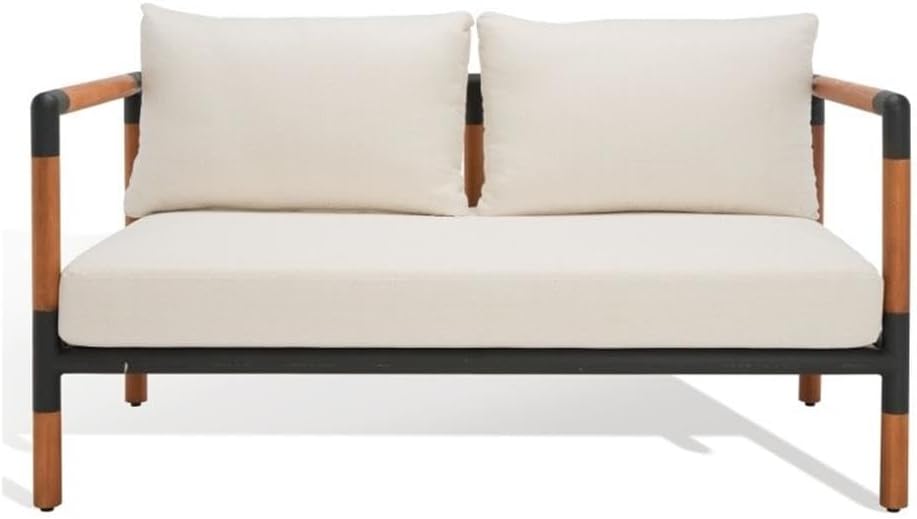 Pemberly Row Mid-Century Outdoor Patio Sofa, 61.4 in Metal Frame with Eucalyptus Wood Accents, Black and White Performance Fabric, Durable Lounge Seating for Garden, Deck, or Porch
