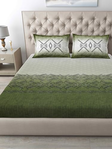 Image of Mafatlal 186 TC Autumn Delight Cotton Bedsheet King Size | 108 x 108 Inches | Lightweight Breathable Summer Fabric | Soft Comfortable Bedding with 2 Pillow Covers | Artichoke Green
