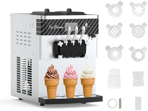3 Flavor Soft Serve Ice Cream Maker Countertop Commercial Ice Cream Machine 2450W,With 2 * 7L Hoppers & 2 * 1.8L Cylinders， 20-30L Hourly Maker for Snack Bar Supermarkets,White