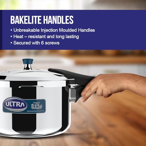Image of Ultra Duracook Triply Duo Pressure Cooker 3.5 Litre | AISI 304 Food Grade Stainless Steel Cooker | 5 Years Warranty | Injection Moulded Handles | Induction Compatible Broad Base | Non-Stick Finish