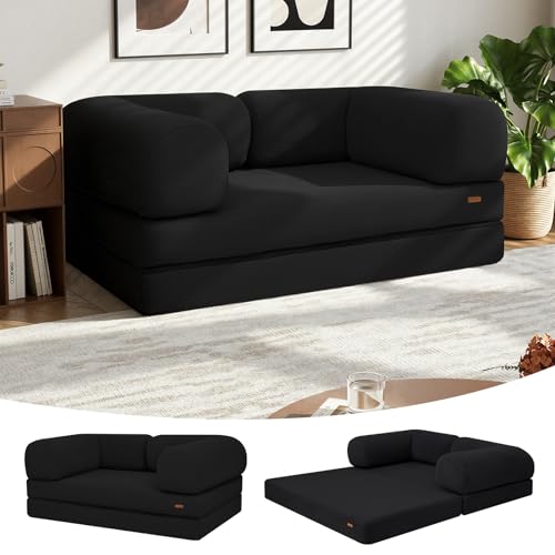 COMAX 4-in-1 Futon Sofa Bed, Queen Size Foldable Couch with L-Shaped Armrests, Convertible Sleeper Chair Bed, Comfortable Lounge Mattress for Living Room and Bedroom, Dark Black