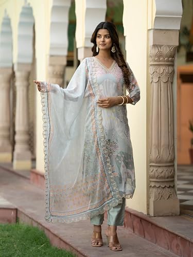Image of Navlik Women's Organza Embroidered Straight Kurta with Pant and Dupatta Sets (NK2-453)