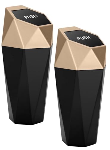 Image of Ginsco 2 Pack Car Trash Can with Lid, Cup Holder Garbage Can for Car, Garbage Bin Cars Accessories for Interior, Leakproof Small Trash Bin, Mini Trash Can for Cars, Home, Bedroom, Office (Golden)