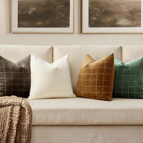 Image of MIULEE Moss Green Plaid Decorative Throw Pillow Covers 18x18 Set of 2 | Vintage Check Chenille Couch Pillows Neutral Boho Farmhouse Cushion Covers Modern Home Decor for Sofa Bed Living Room