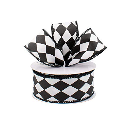 Image of Black White Diamonds Harlequin Ribbon - 1 1 /2 inch x 10 Yards, Argyle, Black Wire Edged, Christmas, Mardi Gras, Wedding Embellishments, Gift Wrapping, Wreath Decoration, Garland, Tree Topper Bow
