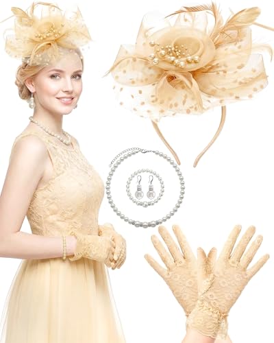 Thstdhy Fascinators Hat for Women Tea Party Fascinator Headband with Gloves Tea Party Accessories for Ladies Beige Gold