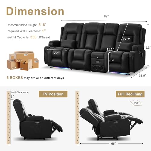 Image of URRED Power Loveseat Recliner Sofa with Massage and Heat, Wall Hugger Reclining Loveseat with Console, RV Couch Home Theater Seating with LED Lights for Living Room (Black, 89.8 inch - 3 Seats)