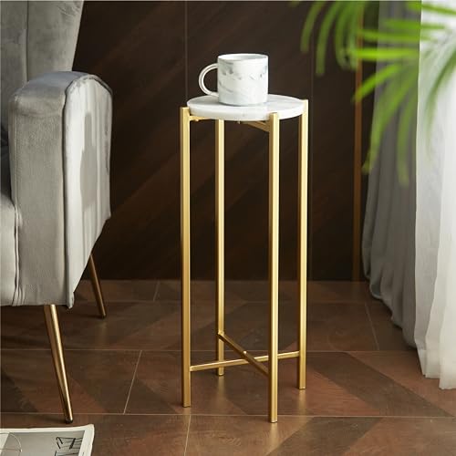Urban Lifestyle White Marble Collapsible Side Accent Drink Table with Gold Metal Legs, 8.5 in x 8.5 in x 22.5 in