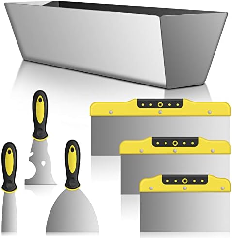 Drywall Knife Set, 7 Pieces Stainless Steel Drywall Hand Tool Kit Includes Taping Knife, Putty Knife and 12" Mud Pan with Soft Grip Handle