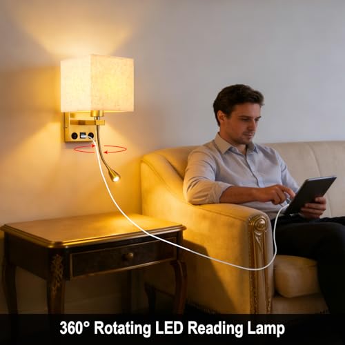 Image of Wall Sconces, Hardwired Wall Lamp with USB Port White Fabric Shade Bedside Wall Lights with Reading Lamp for Bedroom Living Room Hotels and Office (Gold)